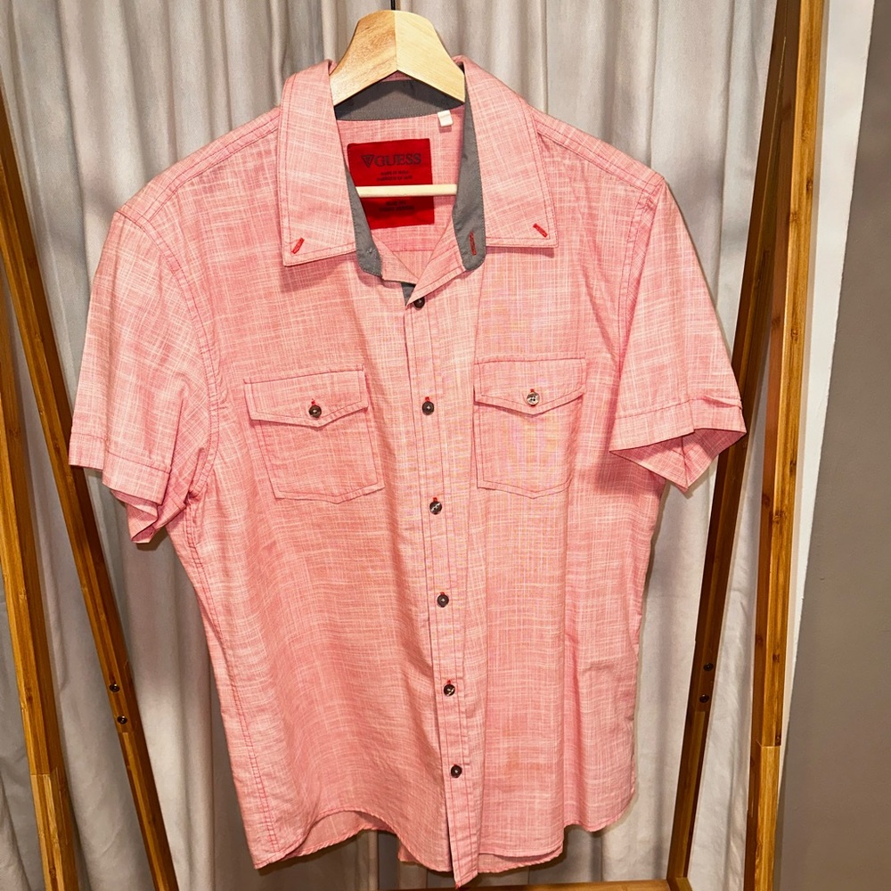 GUESS Men’s Pink Short Sleeve Button-Down Shirt – Slim Fit XL – NWOT